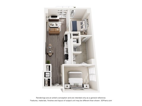 A 3D floor plan of a small apartment with a kitchen, bathroom, and living room.